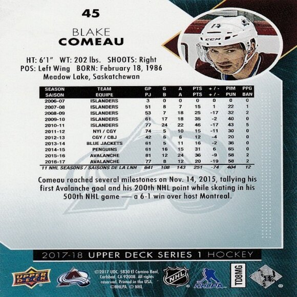 Blake Comeau (Colorado Avalanche) 2017/2018 Upper Deck Series 1 Hockey Card - Picture 2 of 2